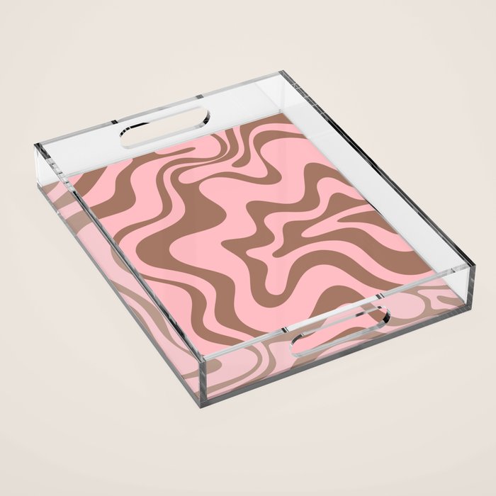 Retro Liquid Swirl Contemporary Abstract Pattern in Mocha Brown and Pink Acrylic Tray Gallery Image 1