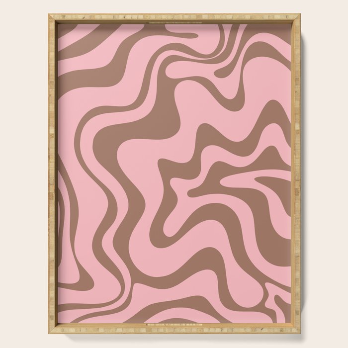 Retro Liquid Swirl Contemporary Abstract Pattern in Mocha Brown and Pink Serving Tray Gallery Image 1