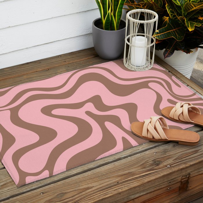 Retro Liquid Swirl Contemporary Abstract Pattern in Mocha Brown and Pink Outdoor Rug Gallery Image 2