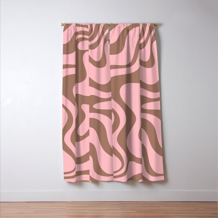 Retro Liquid Swirl Contemporary Abstract Pattern in Mocha Brown and Pink Window Curtain Gallery Image 3