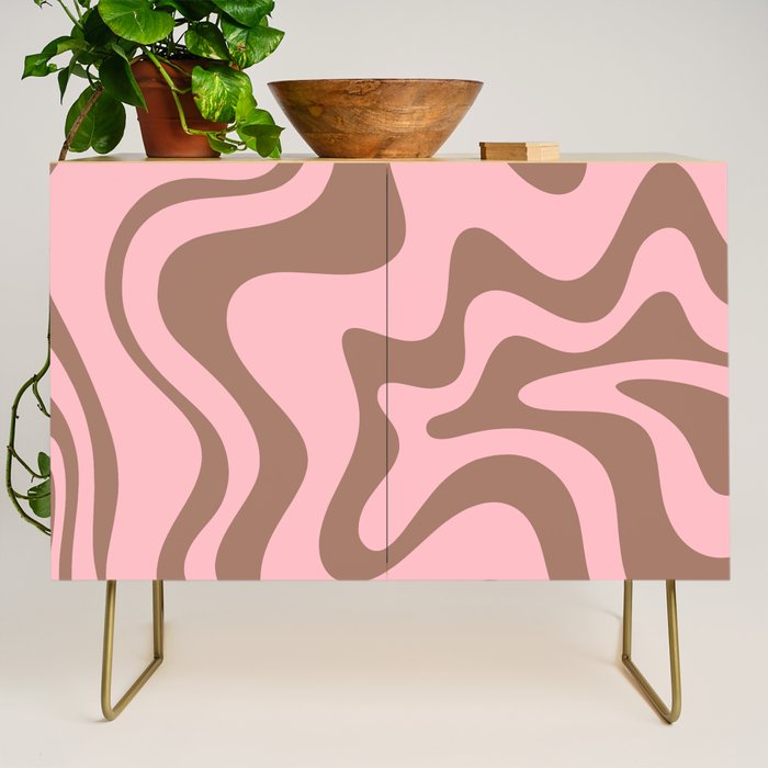 Retro Liquid Swirl Contemporary Abstract Pattern in Mocha Brown and Pink Credenza Gallery Image 1