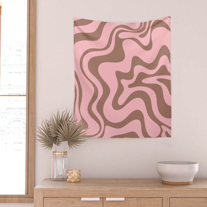 Retro Liquid Swirl Contemporary Abstract Pattern in Mocha Brown and Pink Wall Tapestry Gallery Image 2
