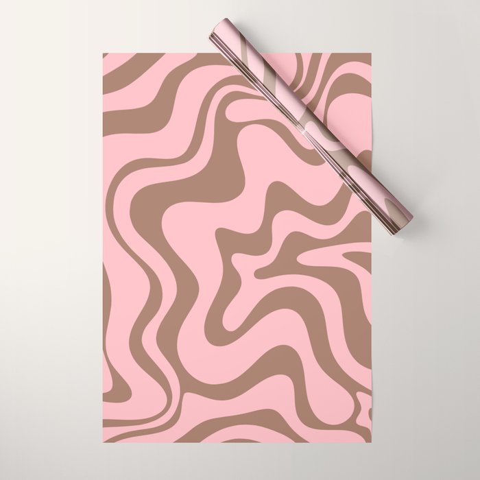 Retro Liquid Swirl Contemporary Abstract Pattern in Mocha Brown and Pink Wrapping Paper Gallery Image 1