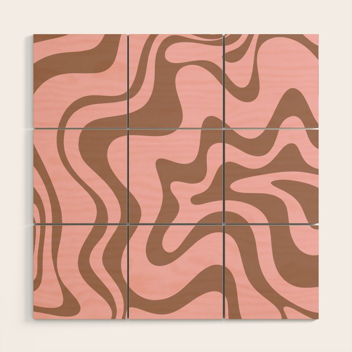 Retro Liquid Swirl Contemporary Abstract Pattern in Mocha Brown and Pink Wood Wall Art Gallery Image 1