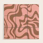 Retro Liquid Swirl Contemporary Abstract Pattern in Mocha Brown and Pink Wood Wall Art Gallery Image 1