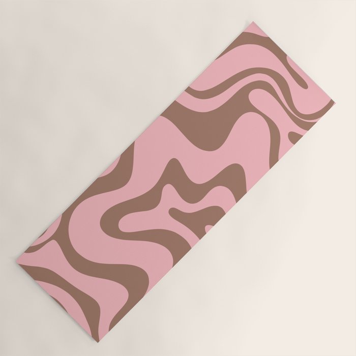 Retro Liquid Swirl Contemporary Abstract Pattern in Mocha Brown and Pink Yoga Mat Gallery Image 1