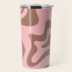Retro Liquid Swirl Contemporary Abstract Pattern in Mocha Brown and Pink Travel Mug Gallery Image 1
