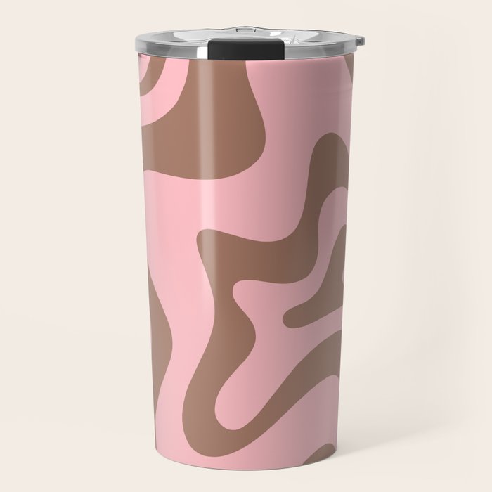 Retro Liquid Swirl Contemporary Abstract Pattern in Mocha Brown and Pink Travel Mug Gallery Image 1