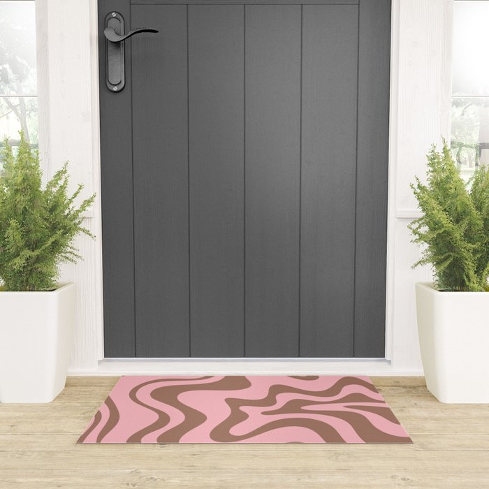 Retro Liquid Swirl Contemporary Abstract Pattern in Mocha Brown and Pink Welcome Mat Gallery Image 3