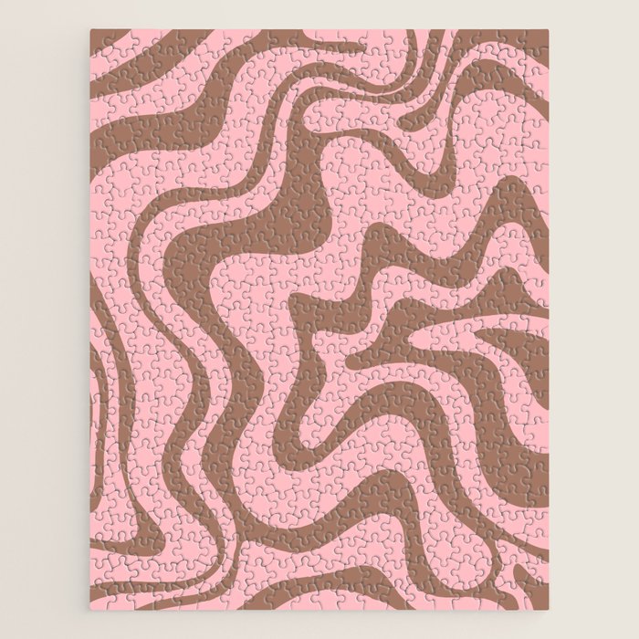 Retro Liquid Swirl Contemporary Abstract Pattern in Mocha Brown and Pink Jigsaw Puzzle Gallery Image 1