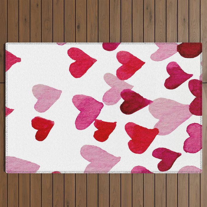 Valentine's Day Watercolor Hearts - pink Outdoor Rug