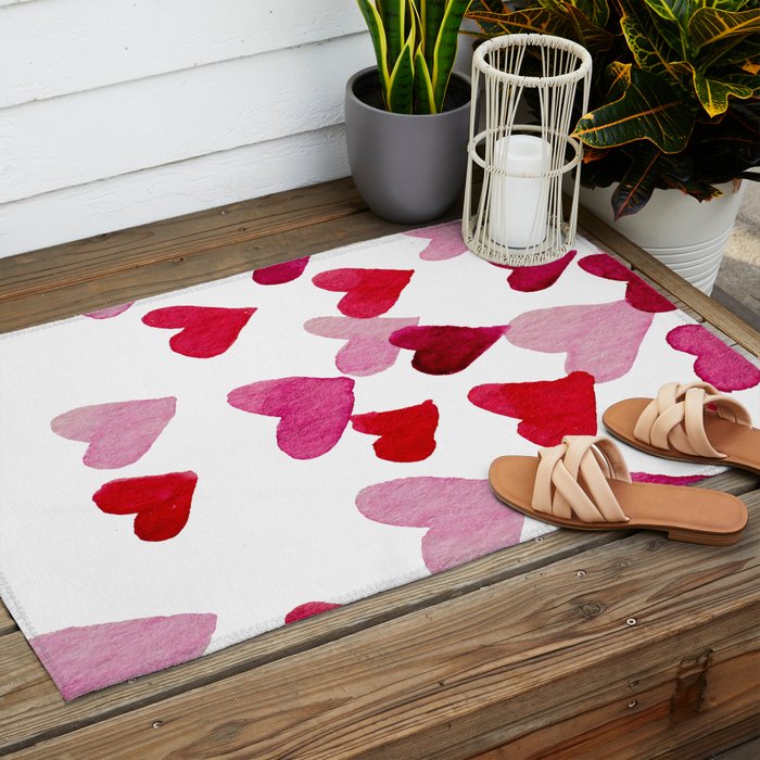 Valentine's Day Watercolor Hearts - pink Outdoor Rug Gallery Image 2