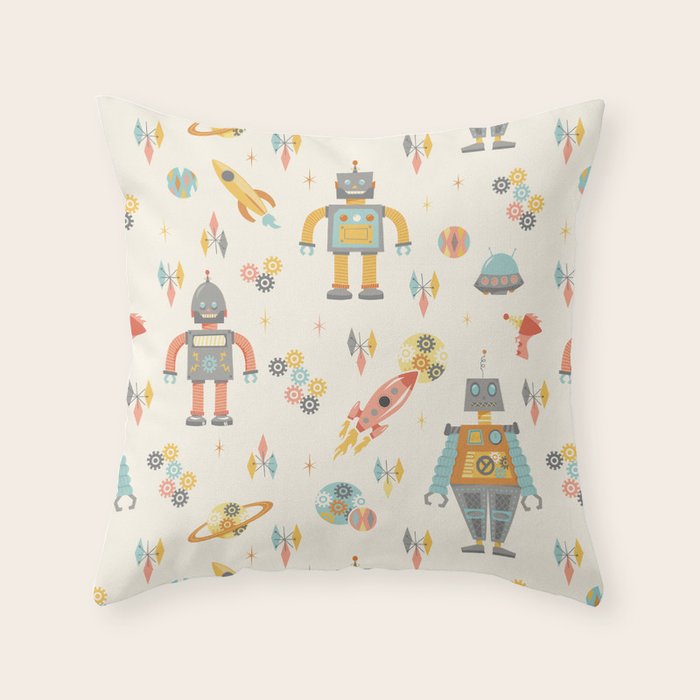 Vintage Inspired Robots in Space Throw Pillow Gallery Image 1