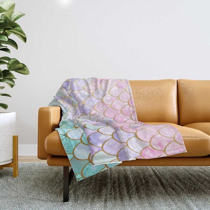 Mermaid Art, Pastel and Gold Throw Blanket Gallery Image 1