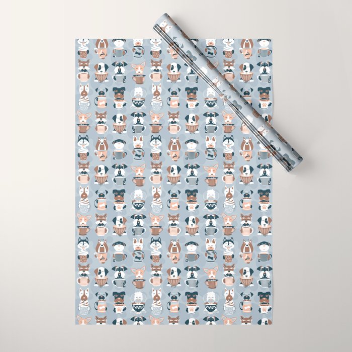 Doggie Coffee and Tea Time I // blue grey Wrapping Paper Gallery Image 1