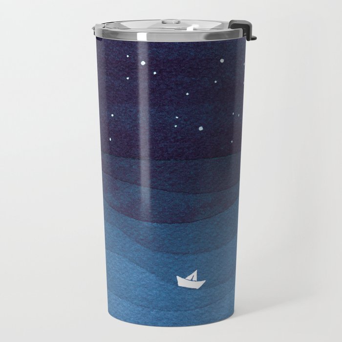 Boy with paper boats, blue Travel Mug Gallery Image 2