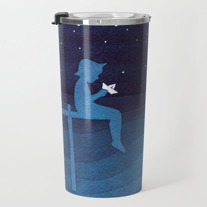 Boy with paper boats, blue Travel Mug Gallery Image 3