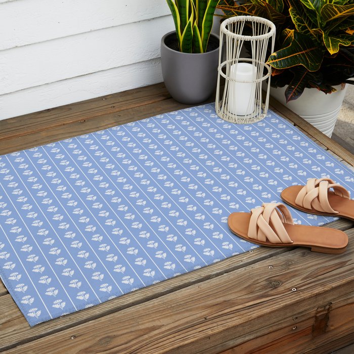 Cozy Vintage Cottage Flowers and Stripes Light Blue and White Pattern Outdoor Rug Gallery Image 2