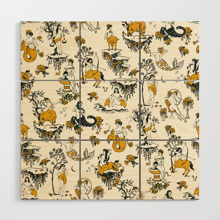Zodiac Toile Pattern With Cream Colored Background. Wood Wall Art Gallery Image 1
