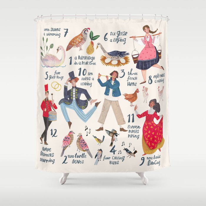 The 12 days of Christmas song illustration Shower Curtain Gallery Image 1