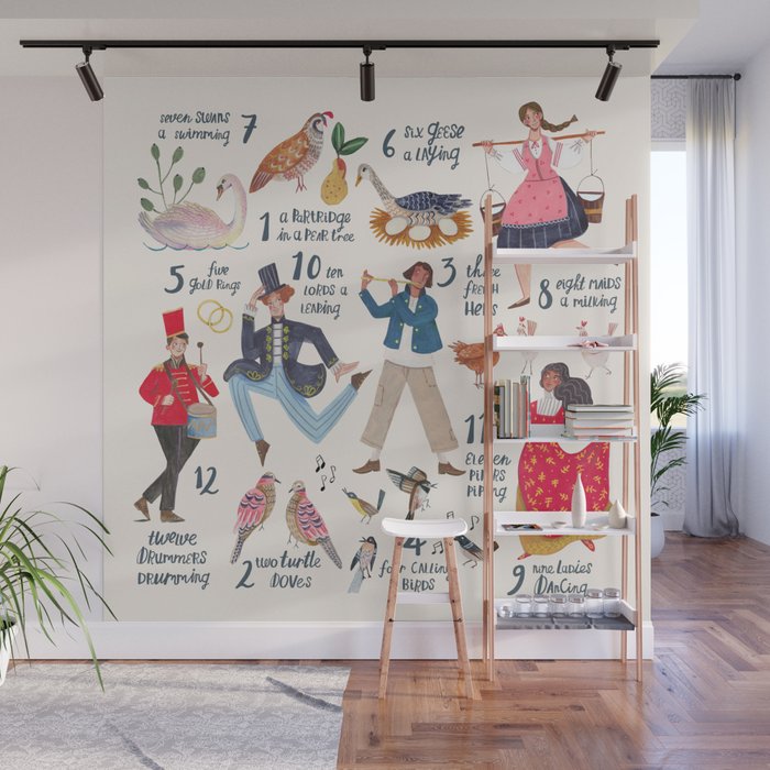 The 12 days of Christmas song illustration Wall Mural Gallery Image 1