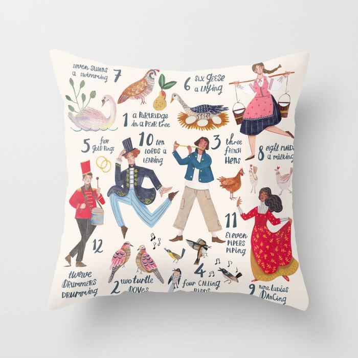 The 12 days of Christmas song illustration Throw Pillow Gallery Image 1