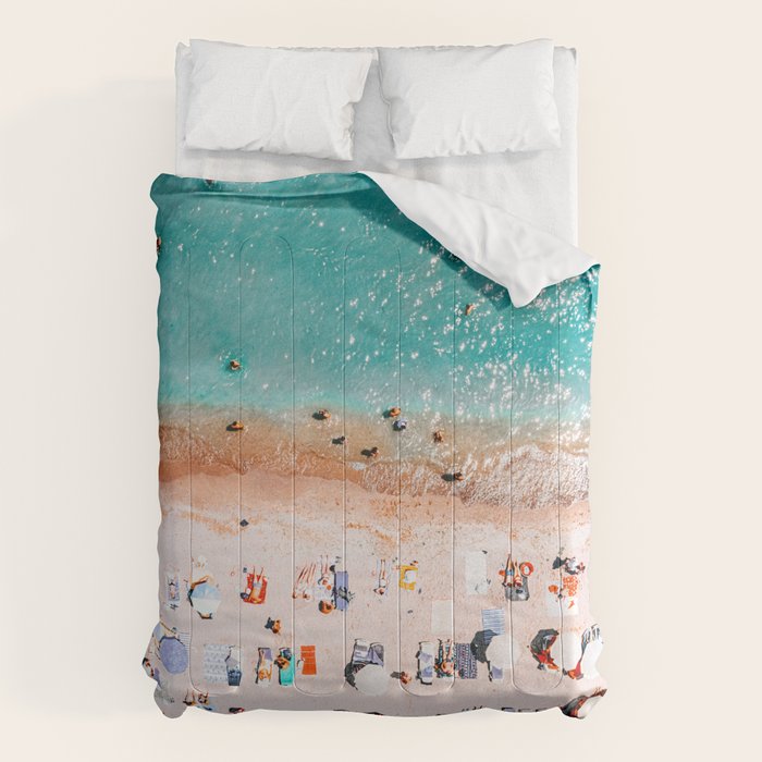 Beach Vibes, Umbrellas Print, Ocean Sea Beach People Print, Aerial Beach Summer Art Print, Aerial Photography, Summer Vibes Coastal Art Comforter Gallery Image 6