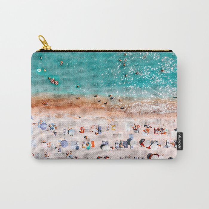 Beach Vibes, Umbrellas Print, Ocean Sea Beach People Print, Aerial Beach Summer Art Print, Aerial Photography, Summer Vibes Coastal Art Carry All Pouch Gallery Image 1