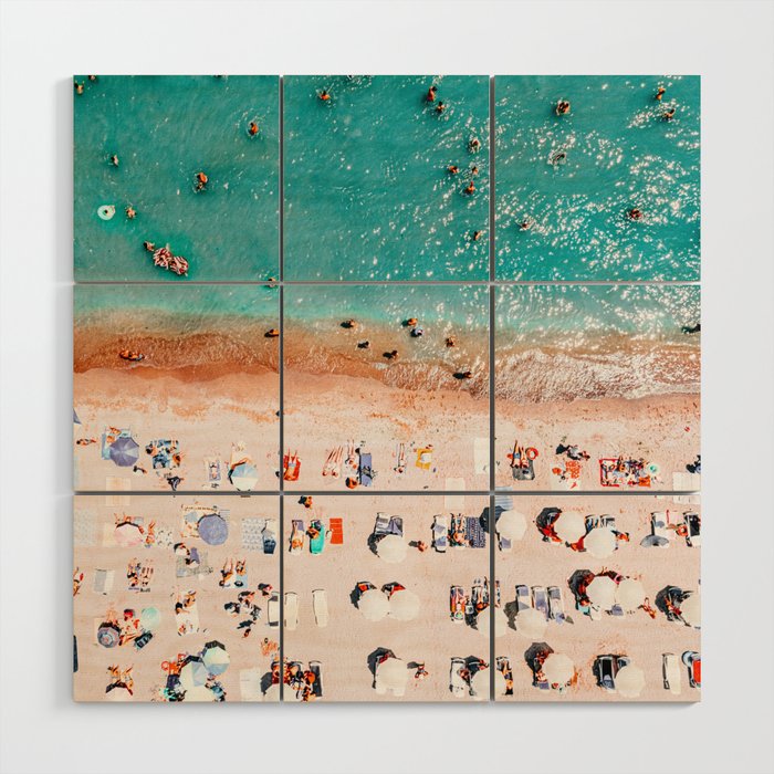 Beach Vibes, Umbrellas Print, Ocean Sea Beach People Print, Aerial Beach Summer Art Print, Aerial Photography, Summer Vibes Coastal Art Wood Wall Art Gallery Image 1