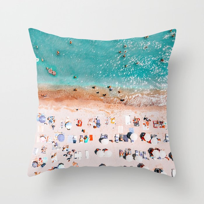 Beach Vibes, Umbrellas Print, Ocean Sea Beach People Print, Aerial Beach Summer Art Print, Aerial Photography, Summer Vibes Coastal Art Throw Pillow Gallery Image 6