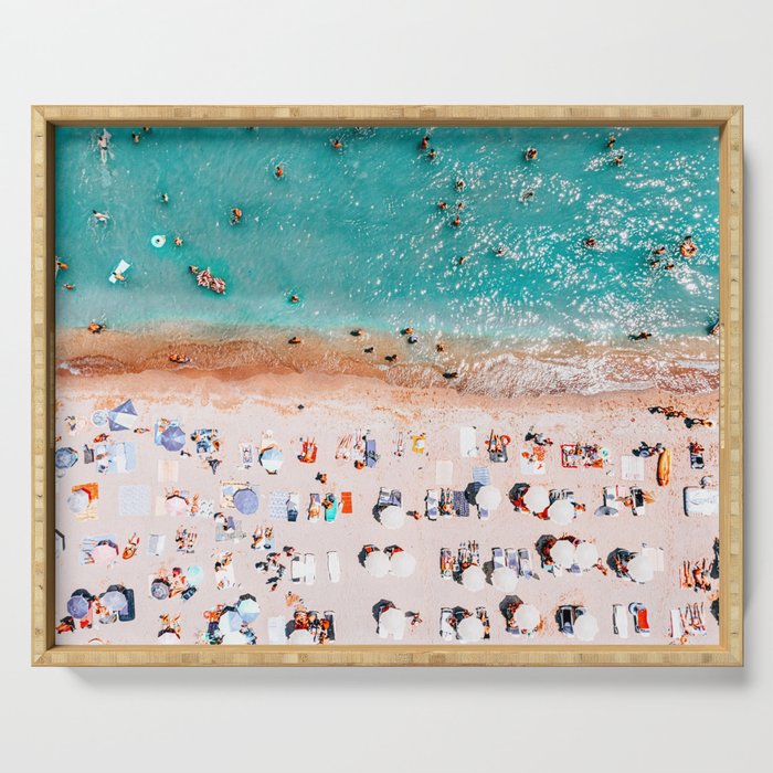 Beach Vibes, Umbrellas Print, Ocean Sea Beach People Print, Aerial Beach Summer Art Print, Aerial Photography, Summer Vibes Coastal Art Serving Tray Gallery Image 1