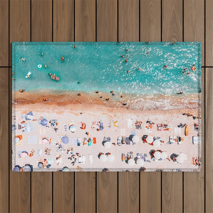 Beach Vibes, Umbrellas Print, Ocean Sea Beach People Print, Aerial Beach Summer Art Print, Aerial Photography, Summer Vibes Coastal Art Outdoor Rug Gallery Image 1