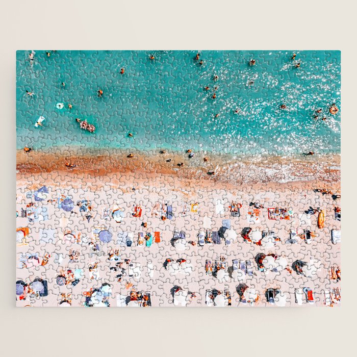 Beach Vibes, Umbrellas Print, Ocean Sea Beach People Print, Aerial Beach Summer Art Print, Aerial Photography, Summer Vibes Coastal Art Jigsaw Puzzle Gallery Image 1