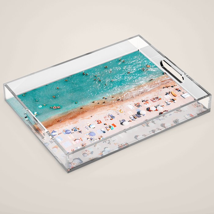 Beach Vibes, Umbrellas Print, Ocean Sea Beach People Print, Aerial Beach Summer Art Print, Aerial Photography, Summer Vibes Coastal Art Acrylic Tray Gallery Image 1