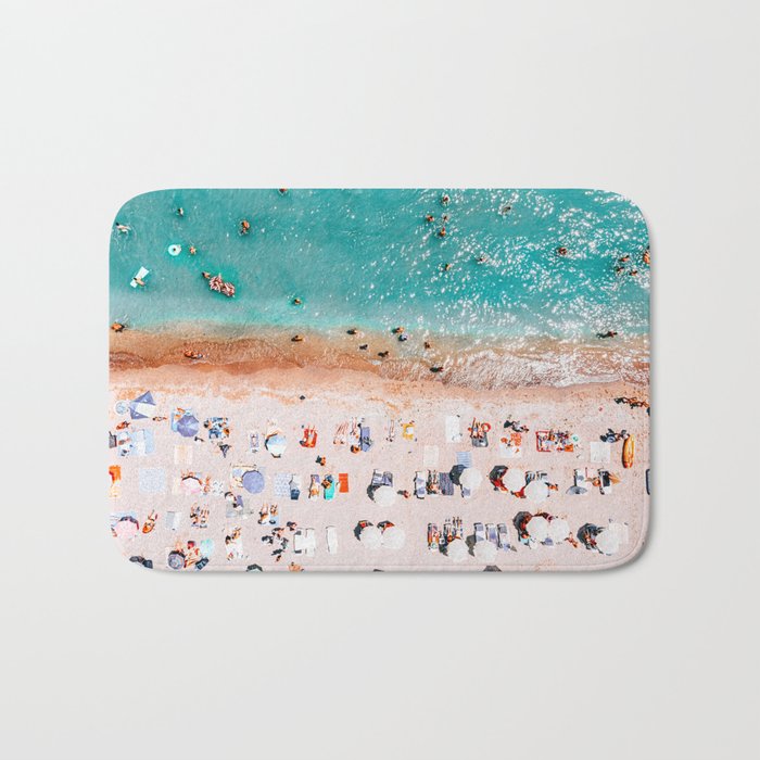 Beach Vibes, Umbrellas Print, Ocean Sea Beach People Print, Aerial Beach Summer Art Print, Aerial Photography, Summer Vibes Coastal Art Bath Mat Gallery Image 1