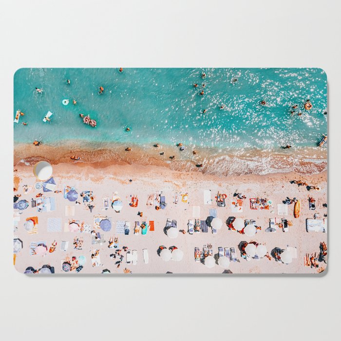 Beach Vibes, Umbrellas Print, Ocean Sea Beach People Print, Aerial Beach Summer Art Print, Aerial Photography, Summer Vibes Coastal Art Cutting Board Gallery Image 1