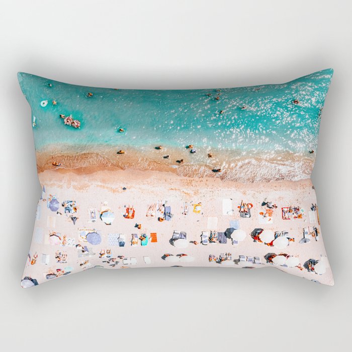 Beach Vibes, Umbrellas Print, Ocean Sea Beach People Print, Aerial Beach Summer Art Print, Aerial Photography, Summer Vibes Coastal Art Rectangular Pillow Gallery Image 2