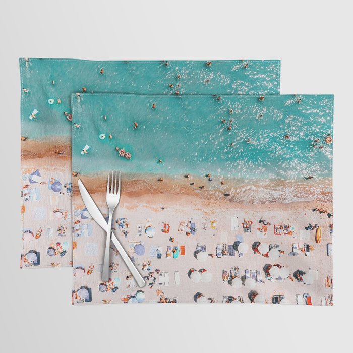 Beach Vibes, Umbrellas Print, Ocean Sea Beach People Print, Aerial Beach Summer Art Print, Aerial Photography, Summer Vibes Coastal Art Placemat Gallery Image 1