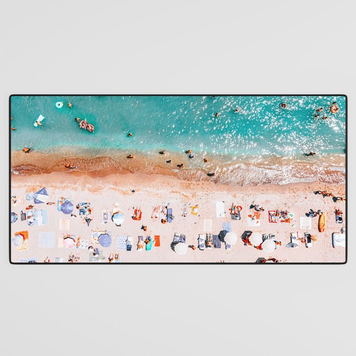 Beach Vibes, Umbrellas Print, Ocean Sea Beach People Print, Aerial Beach Summer Art Print, Aerial Photography, Summer Vibes Coastal Art Desk Mat Gallery Image 3