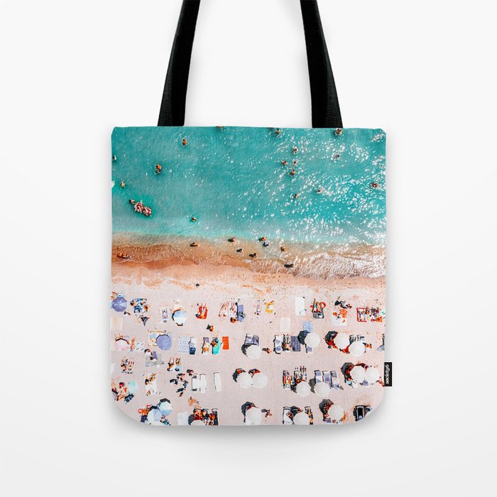 Beach Vibes, Umbrellas Print, Ocean Sea Beach People Print, Aerial Beach Summer Art Print, Aerial Photography, Summer Vibes Coastal Art Tote Bag Gallery Image 1