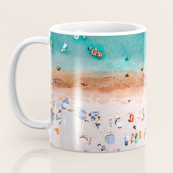 Beach Vibes, Umbrellas Print, Ocean Sea Beach People Print, Aerial Beach Summer Art Print, Aerial Photography, Summer Vibes Coastal Art Coffee Mug Gallery Image 3