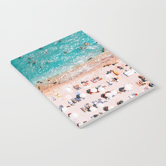 Beach Vibes, Umbrellas Print, Ocean Sea Beach People Print, Aerial Beach Summer Art Print, Aerial Photography, Summer Vibes Coastal Art Notebook Gallery Image 1