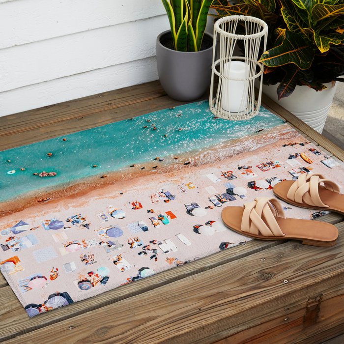 Beach Vibes, Umbrellas Print, Ocean Sea Beach People Print, Aerial Beach Summer Art Print, Aerial Photography, Summer Vibes Coastal Art Outdoor Rug Gallery Image 2