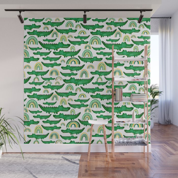 Watercolor Alligator Rainbows Wall Mural
