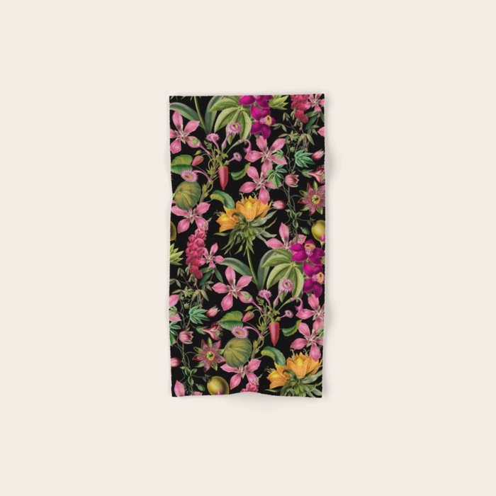 Tropical Bloom Serenade Exotic Floral Pattern Vintage Botanical Vibes Black Bath Towel Gallery Image 1