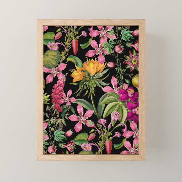 Tropical Bloom Serenade Exotic Floral Pattern Vintage Botanical Vibes Black Mini Art Print Gallery Image 1