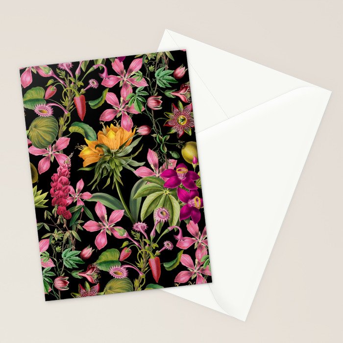 Tropical Bloom Serenade Exotic Floral Pattern Vintage Botanical Vibes Black Stationery Card Gallery Image 2