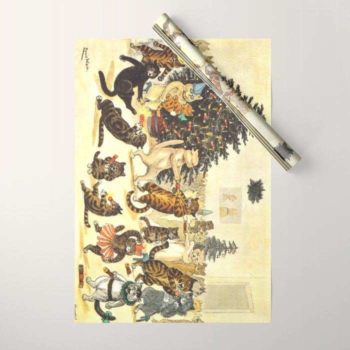 'Christmas Party Cats' by Louis Wain Vintage Cat Art Wrapping Paper Gallery Image 1