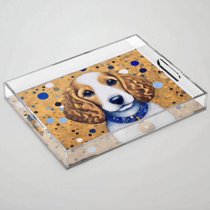 Gustav Klimt Style Puppy Dog with Blue Collar Acrylic Tray Gallery Image 1