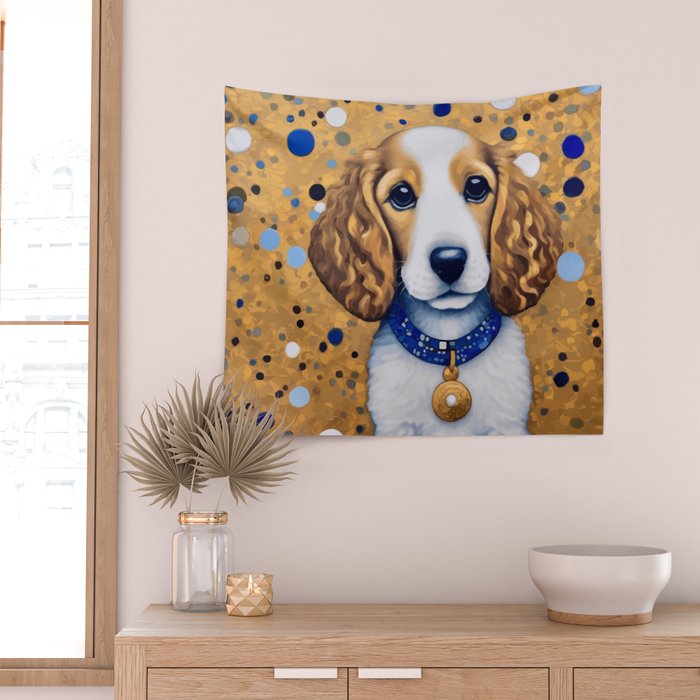 Gustav Klimt Style Puppy Dog with Blue Collar Wall Tapestry Gallery Image 2
